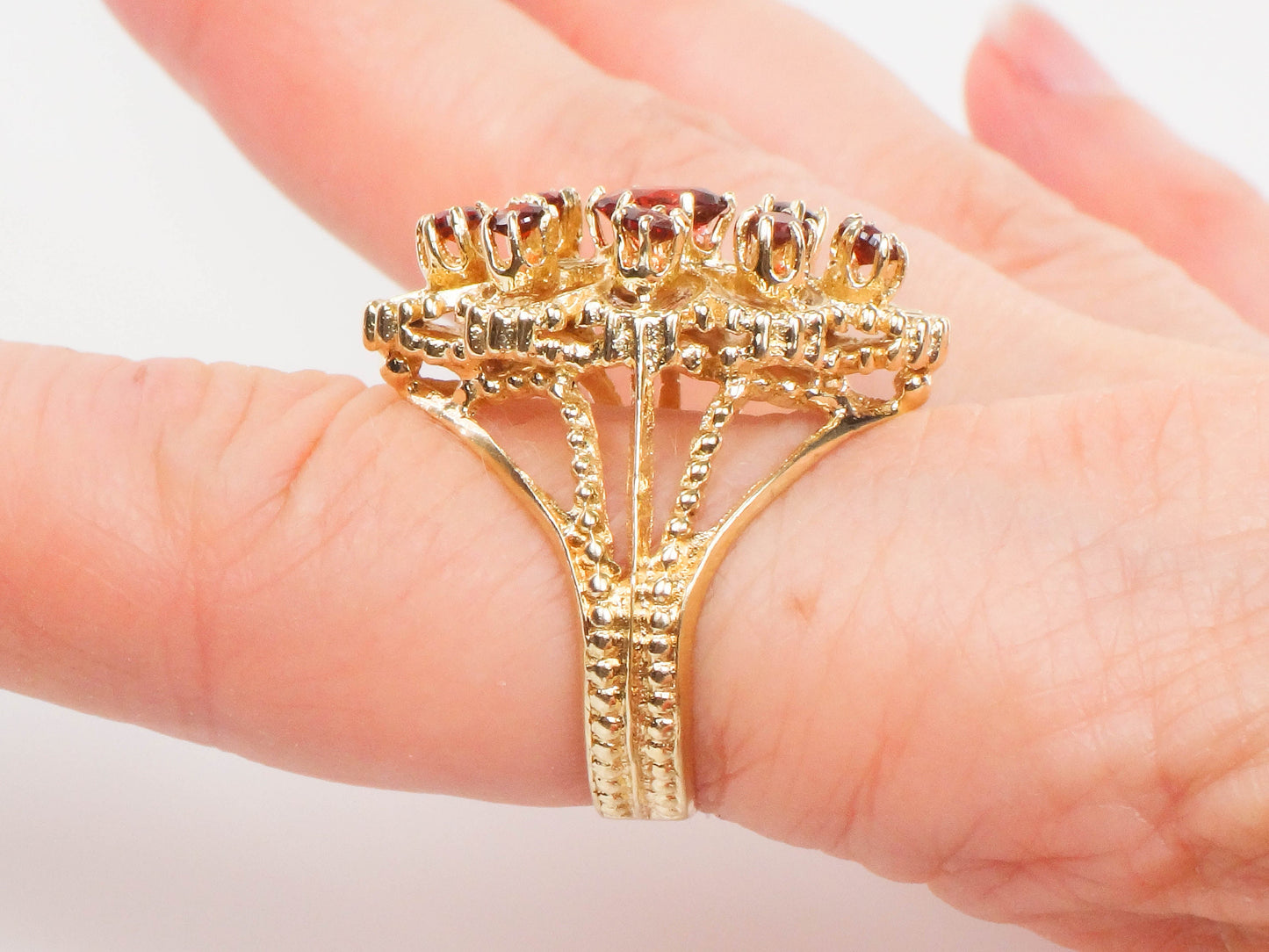 Vintage 14k Yellow Gold Large Garnet Cluster Ring - January Red Birthstone Ring - Size 7.25