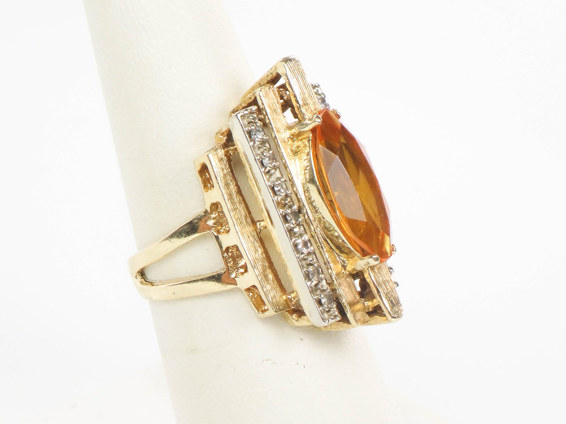 Vintage 14k Marquise Cut Yellow Sapphire and Diamond Ring - Modern Style Ring - Size 7.25