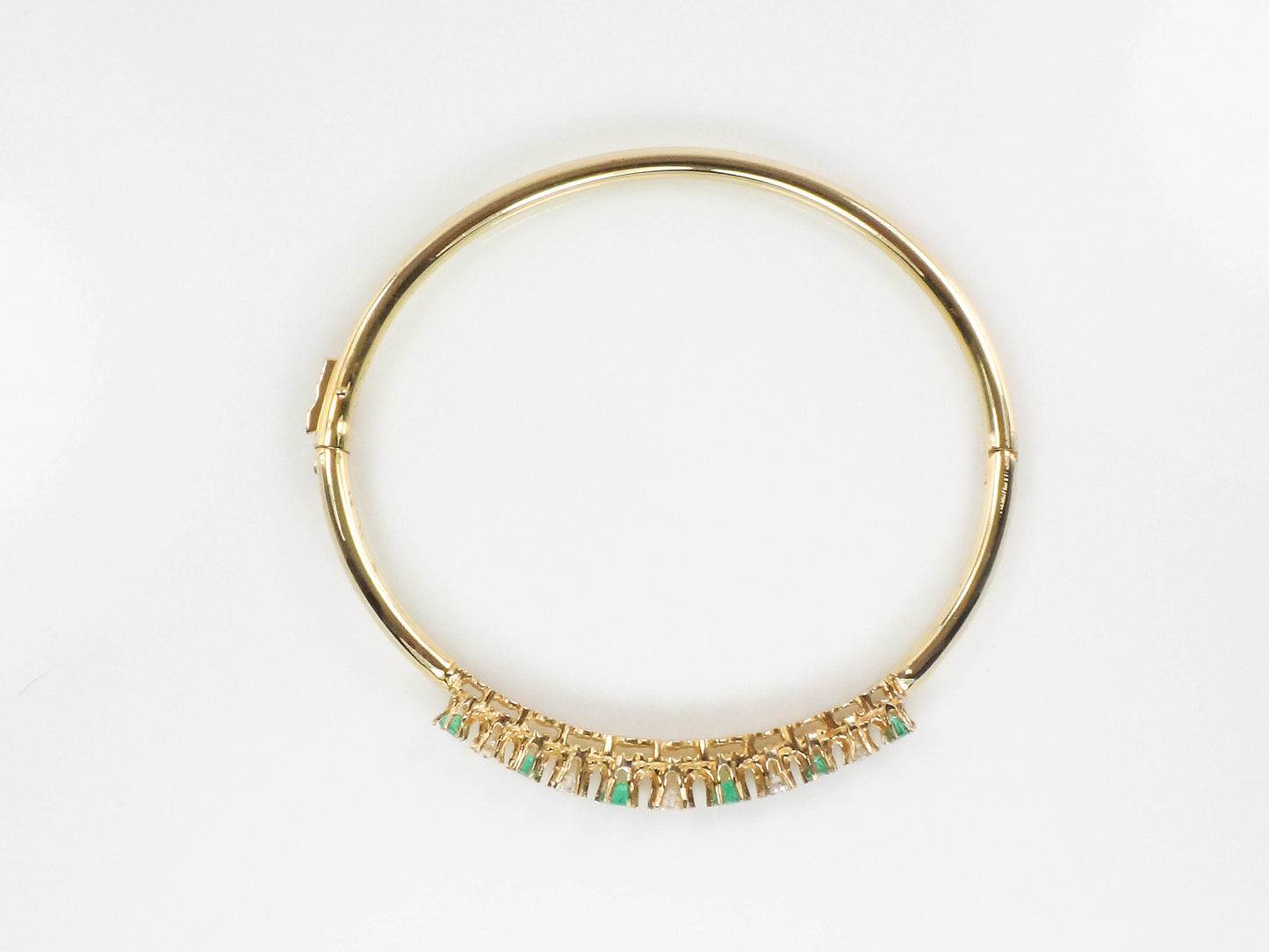 Vintage 14k Yellow Gold Natural Emerald and Diamond Bangle Bracelet - Bridal Bracelet - Small Size 6.75"