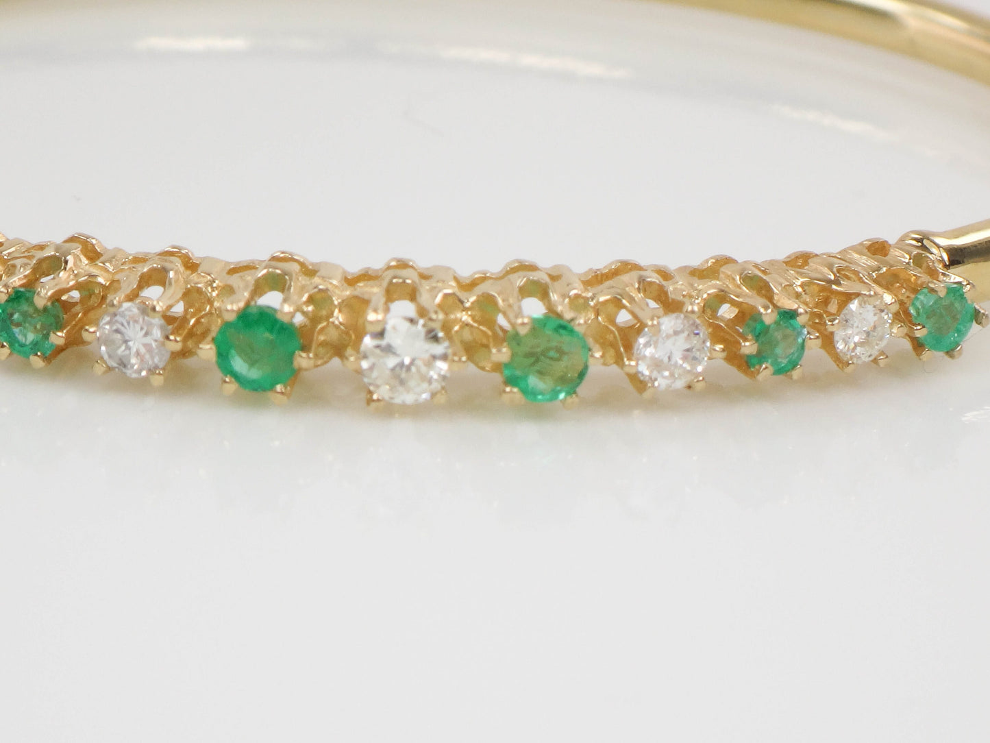 Vintage 14k Yellow Gold Natural Emerald and Diamond Bangle Bracelet - Bridal Bracelet - Small Size 6.75"