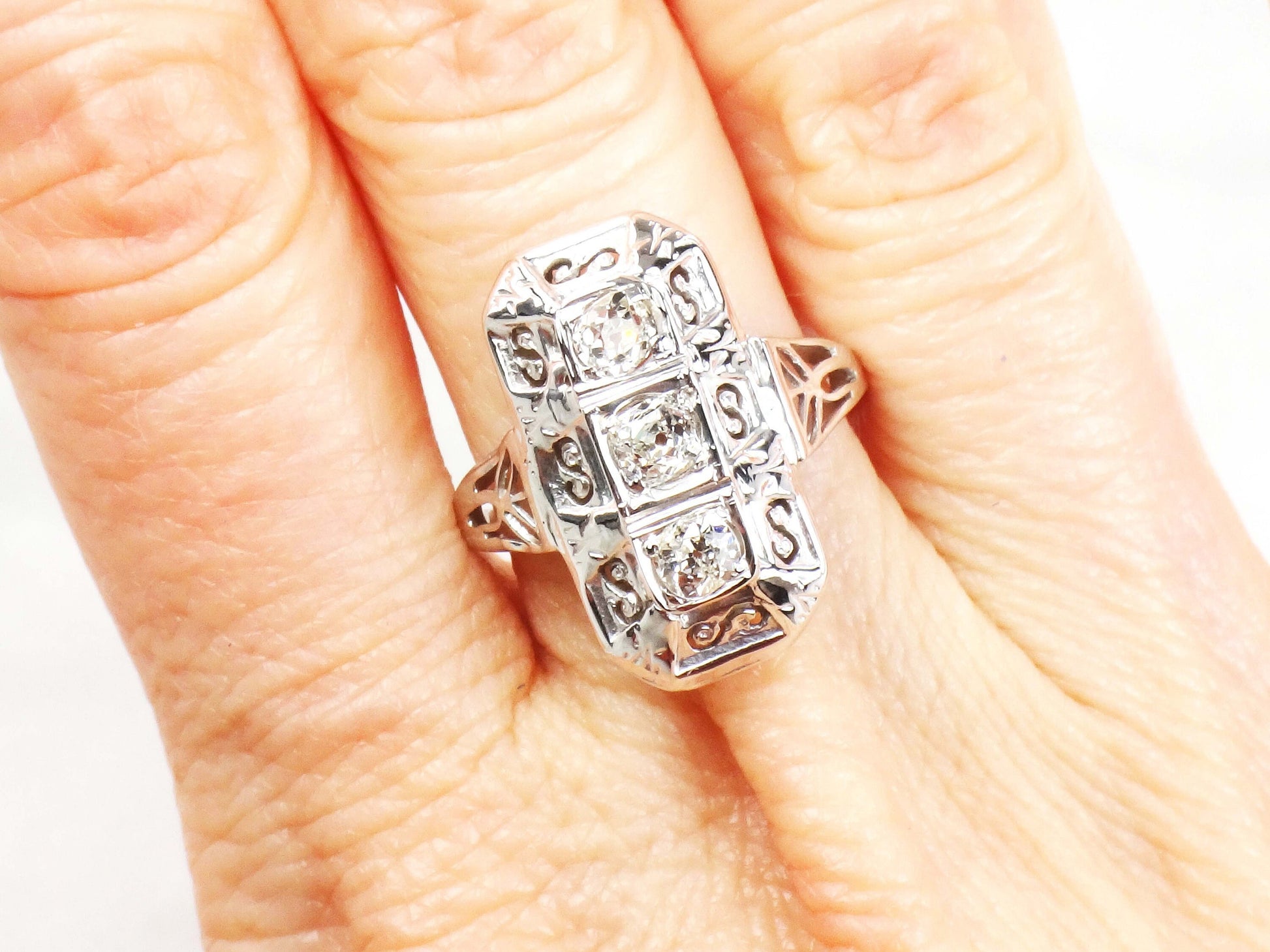 14k White Gold Art Deco Diamond Ring: Three Stone Old Mine Cut