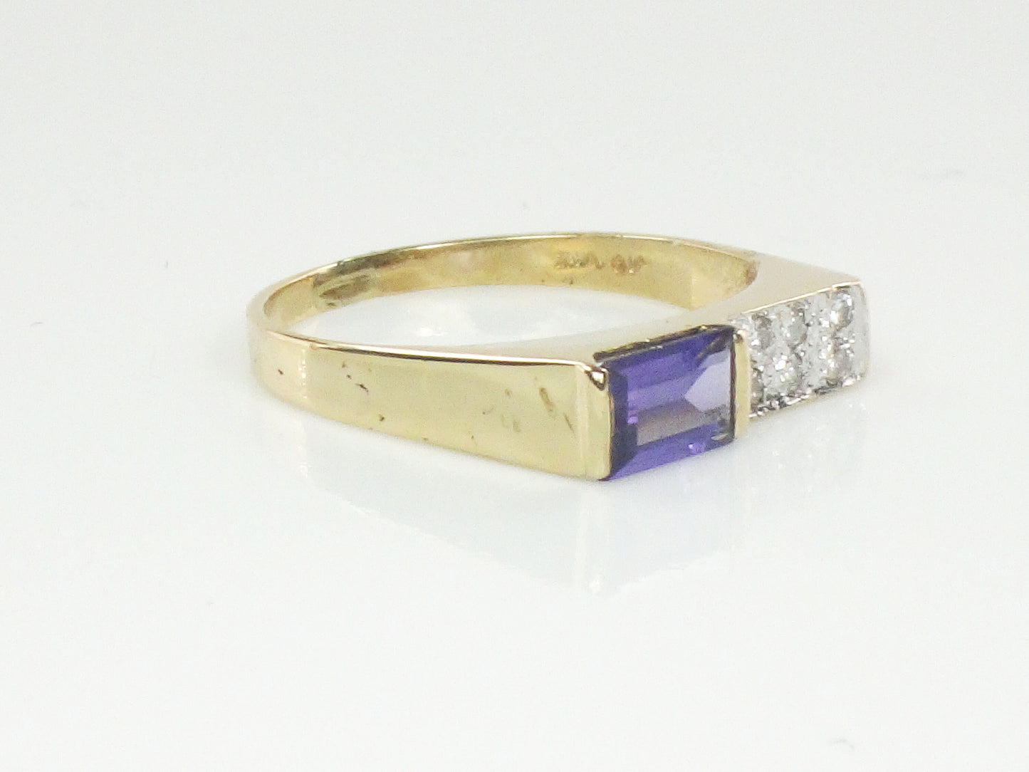 Vintage 14k Yellow Gold Rectangle Cut Purple Sapphire and Diamond Ring - Circa 1970's Size 5.25