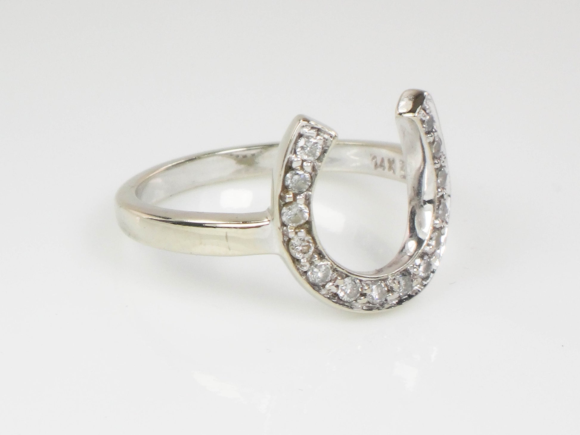 Vintage 14k White Gold Natural Diamond Horseshoe Ring, Good Luck Ring Size 6.5