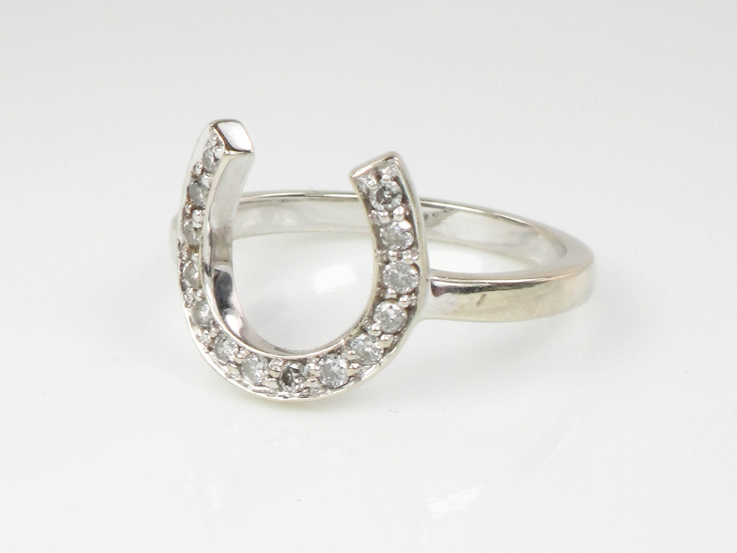 Vintage 14k White Gold Natural Diamond Horseshoe Ring, Good Luck Ring Size 6.5