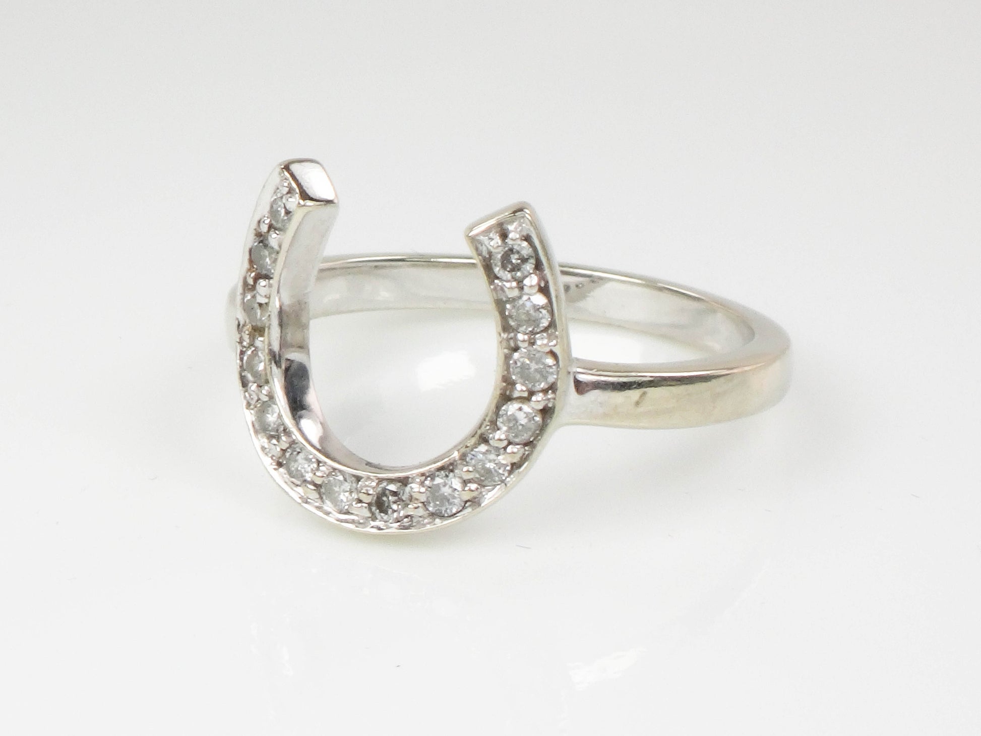 Vintage 14k White Gold Natural Diamond Horseshoe Ring, Good Luck Ring Size 6.5