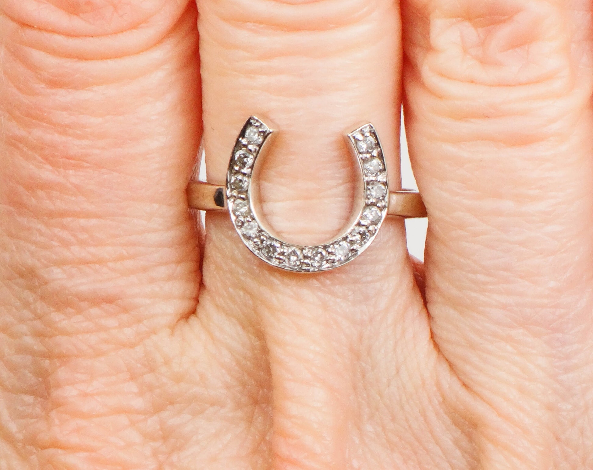 Vintage 14k White Gold Natural Diamond Horseshoe Ring, Good Luck Ring Size 6.5