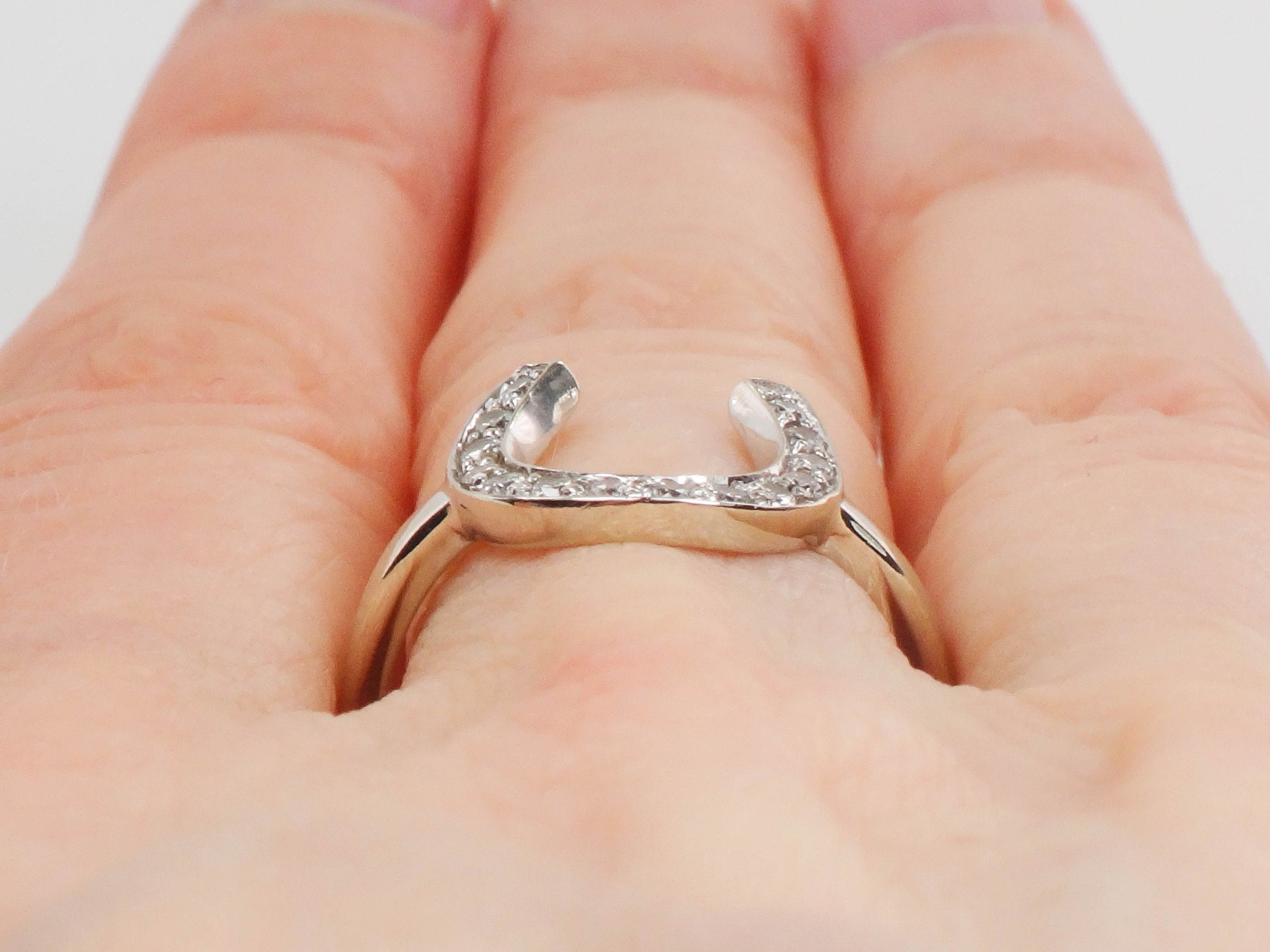 Vintage 14k White Gold Natural Diamond Horseshoe Ring, Good Luck Ring Size 6.5