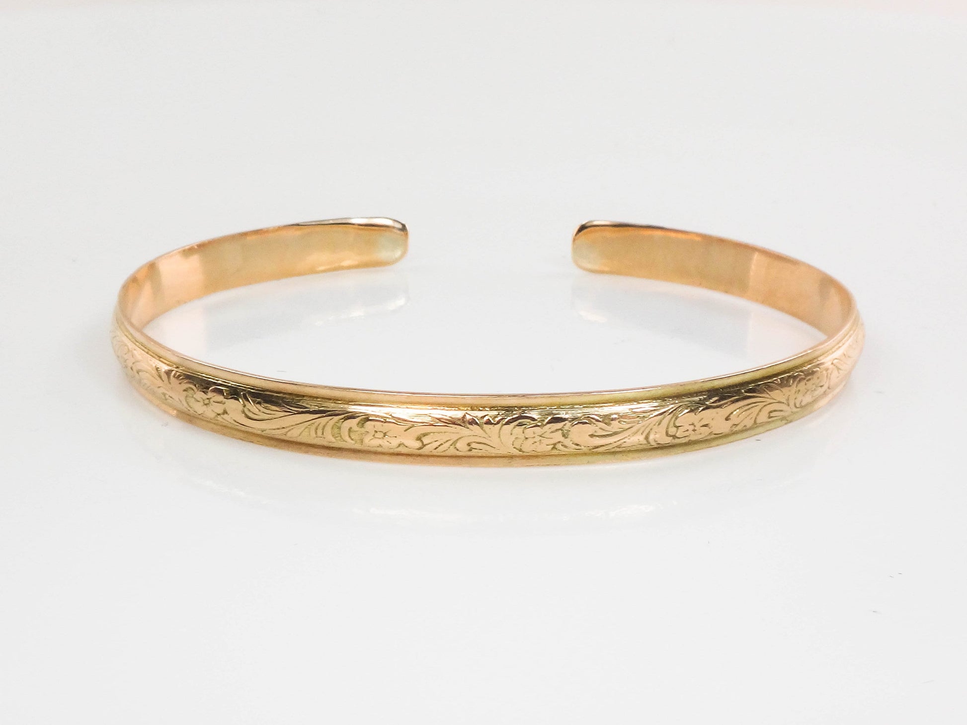 Vintage 10k Solid Yellow Gold Floral Cuff Bangle Bracelet