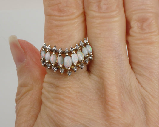 Vintage 14k Yellow Gold Opal Diamond V Ring, Size 8.5
