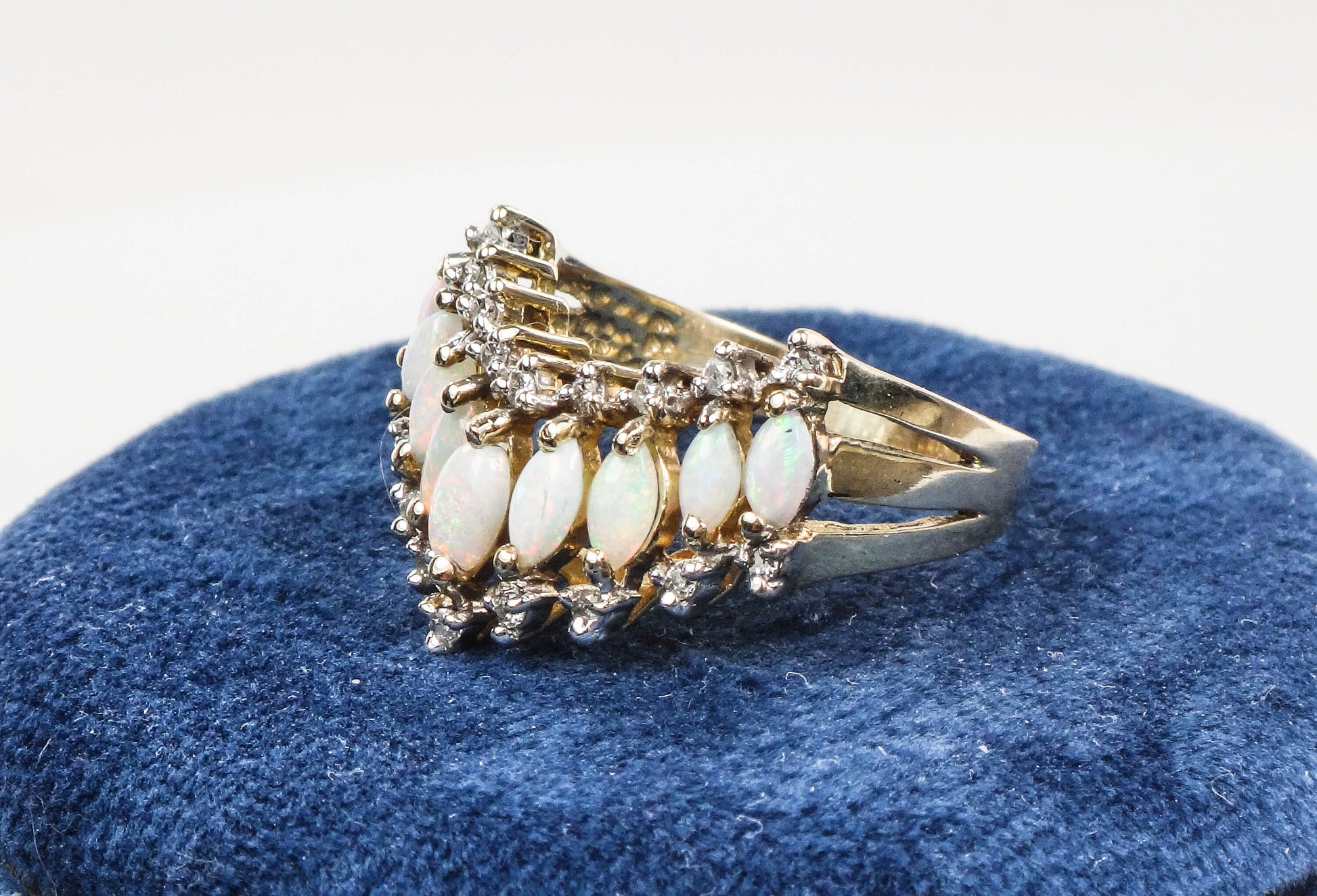 Vintage 14k Yellow Gold Opal Diamond V Ring, Size 8.5