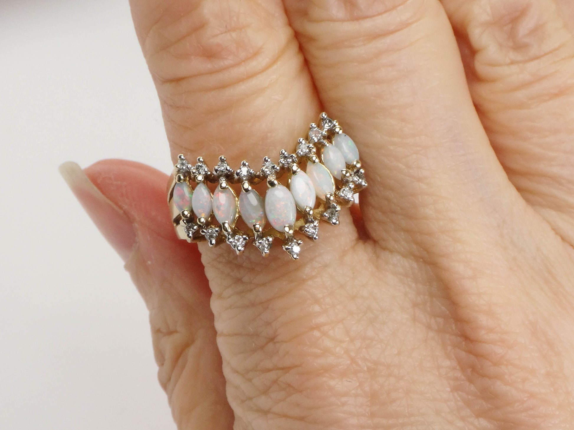 Vintage 14k Yellow Gold Opal Diamond V Ring, Size 8.5