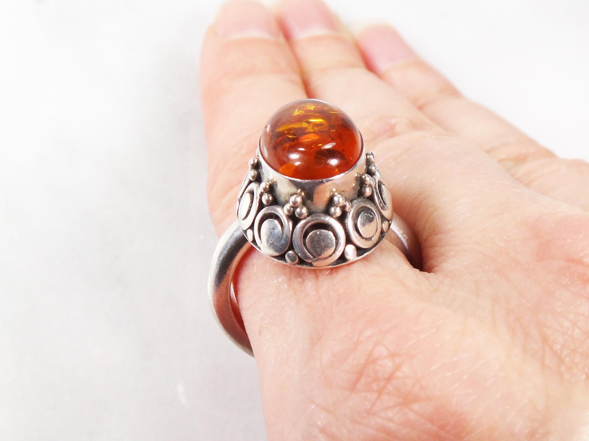 Sterling Silver Amber Ring - Vintage Suarti 925 BA Boho Style - Size 8.75