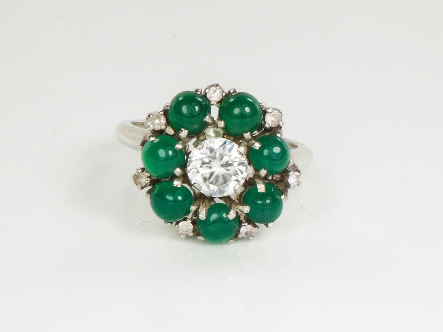 Vintage Sterling Silver Deep Green Glass and White Sapphire Ring, Imitation Emerald and Diamond Dinner Ring Size 6.75