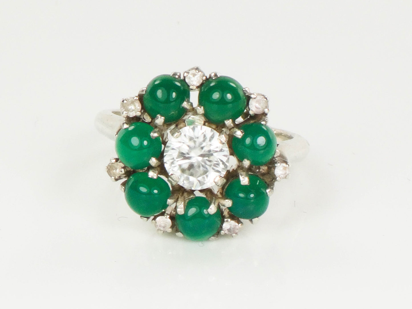 Vintage Sterling Silver Deep Green Glass and White Sapphire Ring, Imitation Emerald and Diamond Dinner Ring Size 6.75