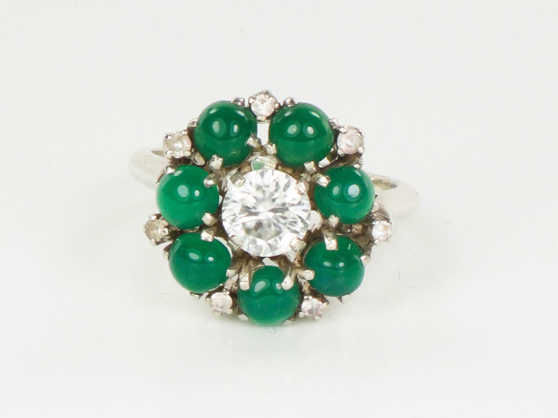 Vintage Sterling Silver Green Glass Ring: White Sapphire Center, Size 6.75