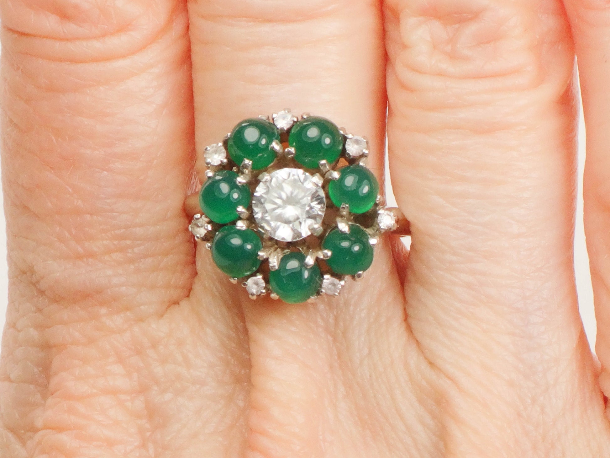 Vintage Sterling Silver Green Glass Ring: White Sapphire Center, Size 6.75