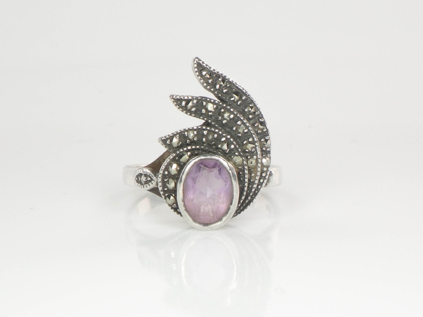 Vintage Sterling Silver Amethyst and Marcasite Ring, Purple February Birthstone Ring, Size 6.75