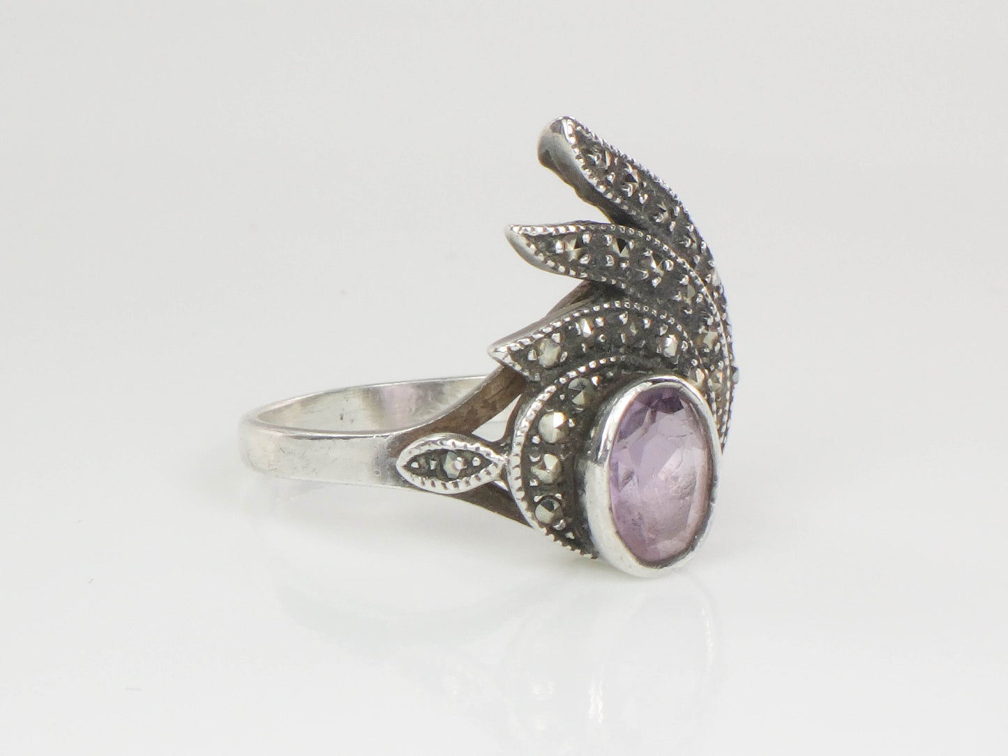 Vintage Sterling Silver Amethyst and Marcasite Ring, Purple February Birthstone Ring, Size 6.75