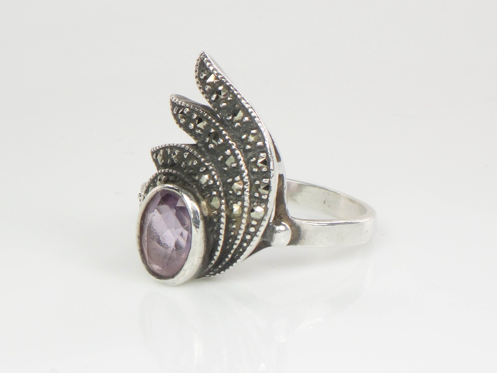 Vintage Sterling Silver Amethyst and Marcasite Ring, Purple February Birthstone Ring, Size 6.75