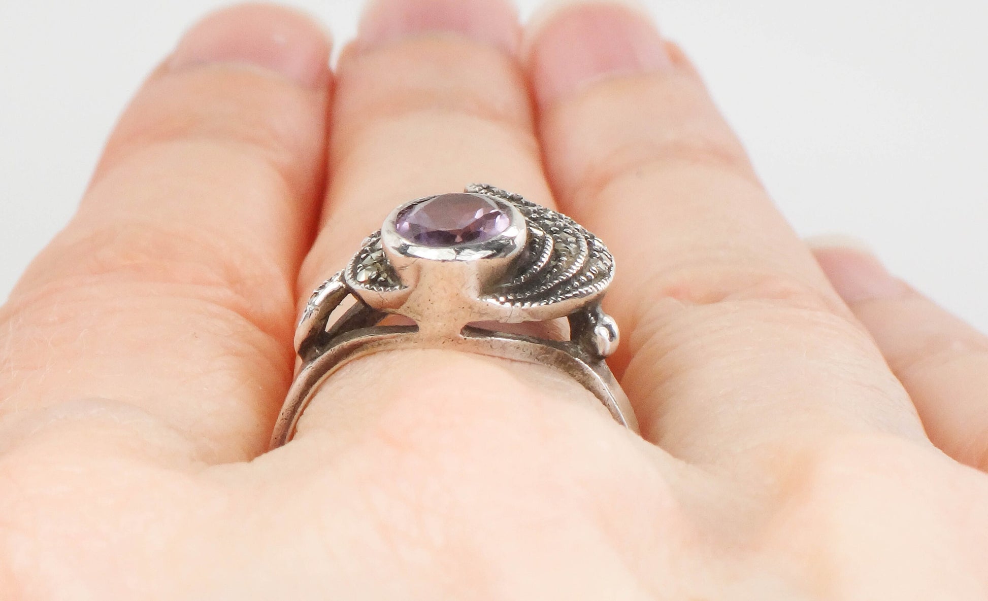 Vintage Sterling Silver Amethyst and Marcasite Ring, Purple February Birthstone Ring, Size 6.75
