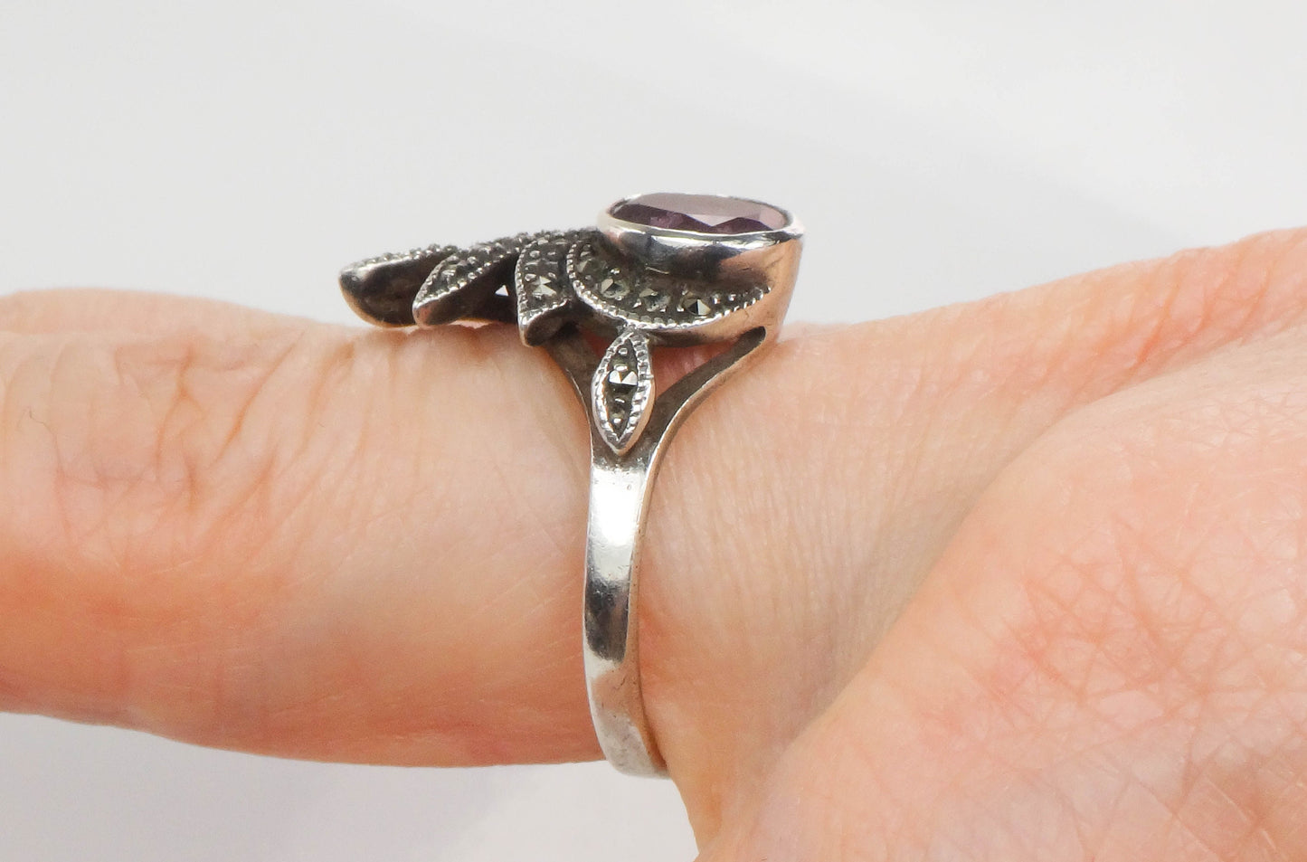 Vintage Sterling Silver Amethyst and Marcasite Ring, Purple February Birthstone Ring, Size 6.75