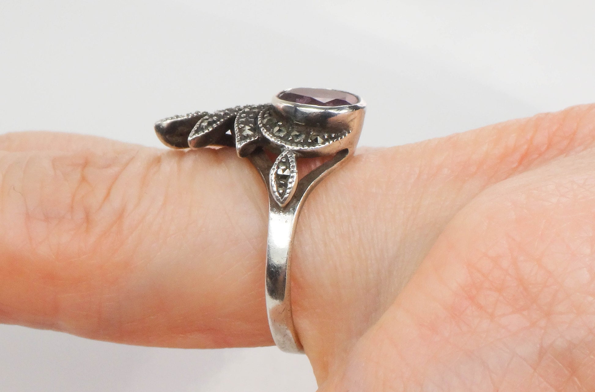 Vintage Sterling Silver Amethyst and Marcasite Ring, Purple February Birthstone Ring, Size 6.75
