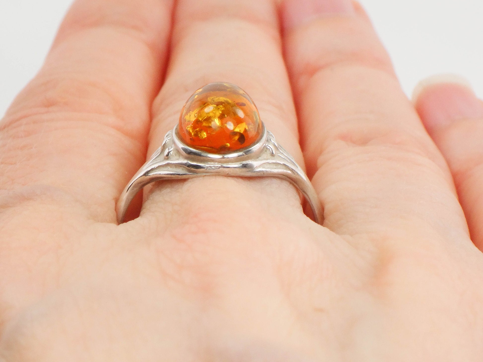 Vintage Sterling Silver Amber Ring: Art Nouveau Style, Size 8.5