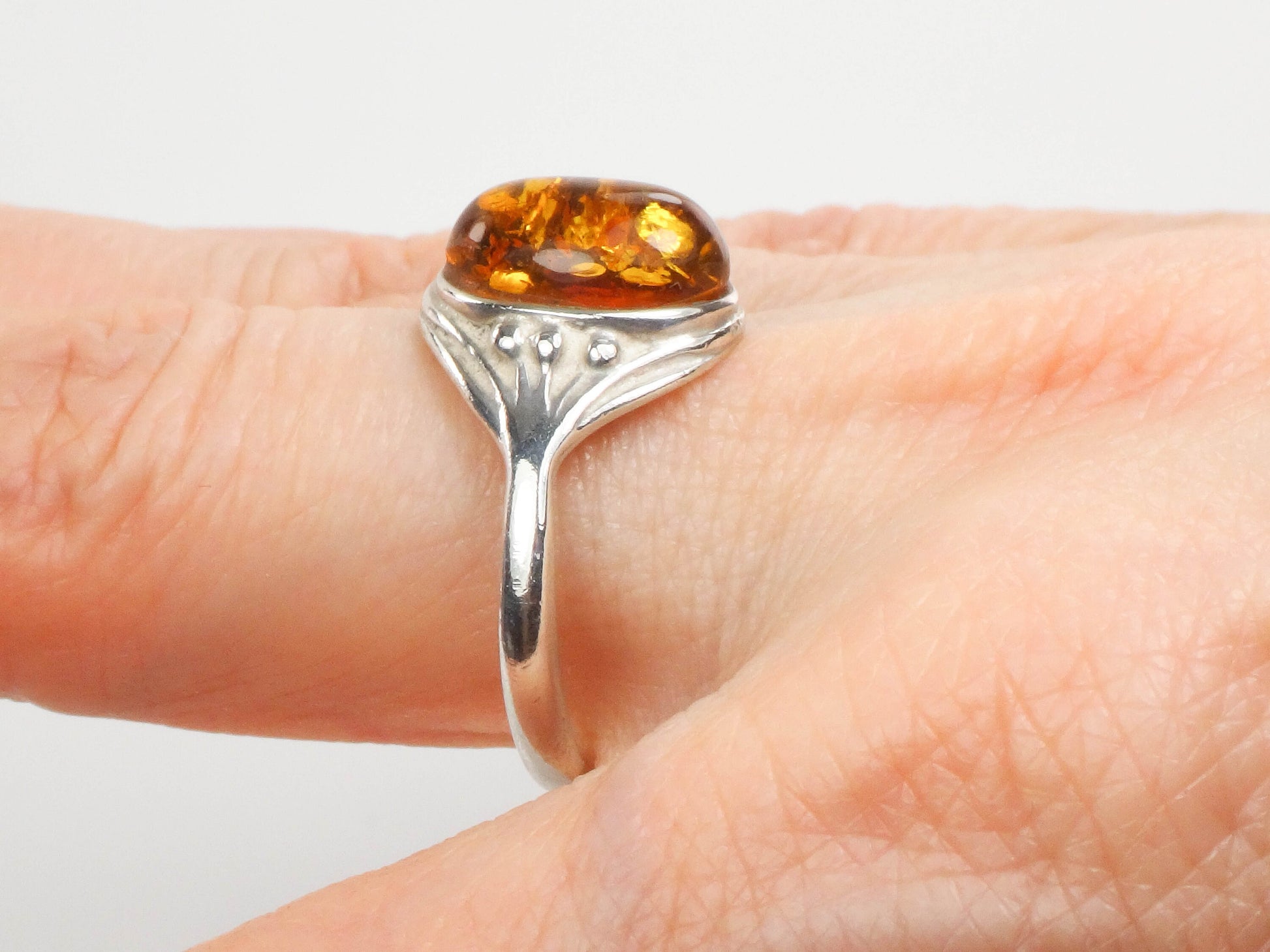 Vintage Sterling Silver Amber Ring: Art Nouveau Style, Size 8.5