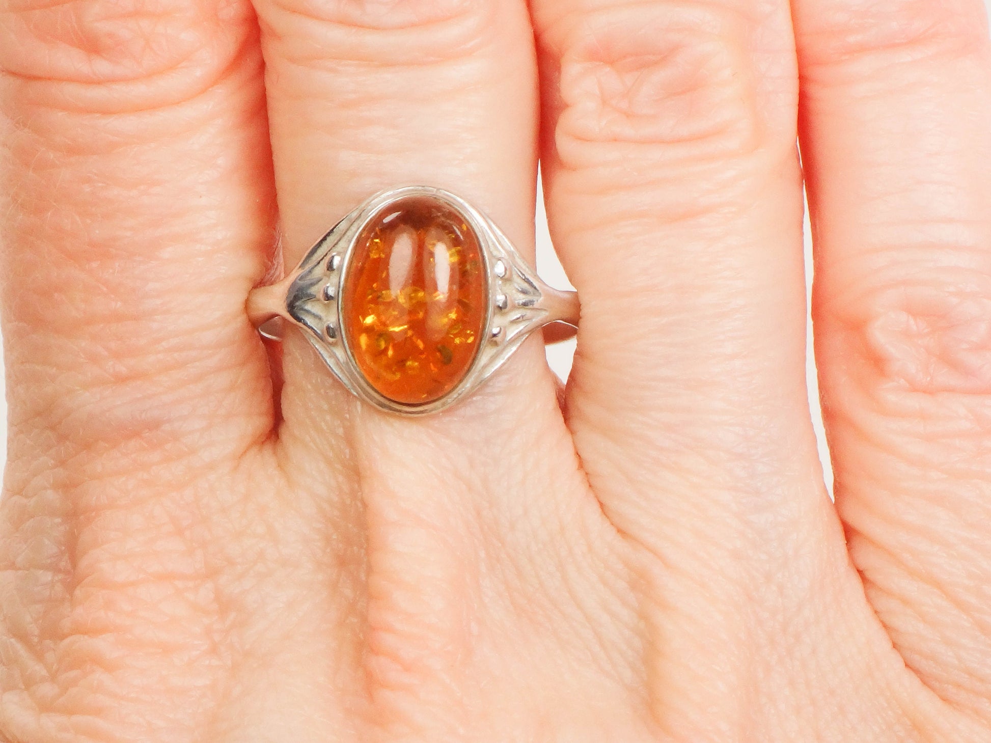 Vintage Sterling Silver Amber Ring: Art Nouveau Style, Size 8.5