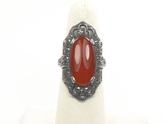 Vintage Uncas Art Deco Sterling Silver Carnelian and Marcasite Ring Size 5.5