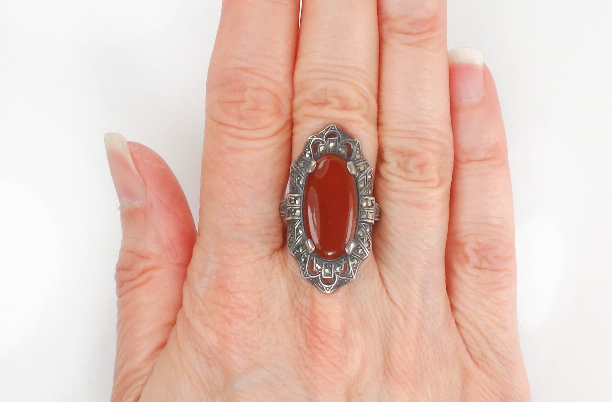 Vintage Uncas Art Deco Sterling Silver Carnelian and Marcasite Ring Size 5.5