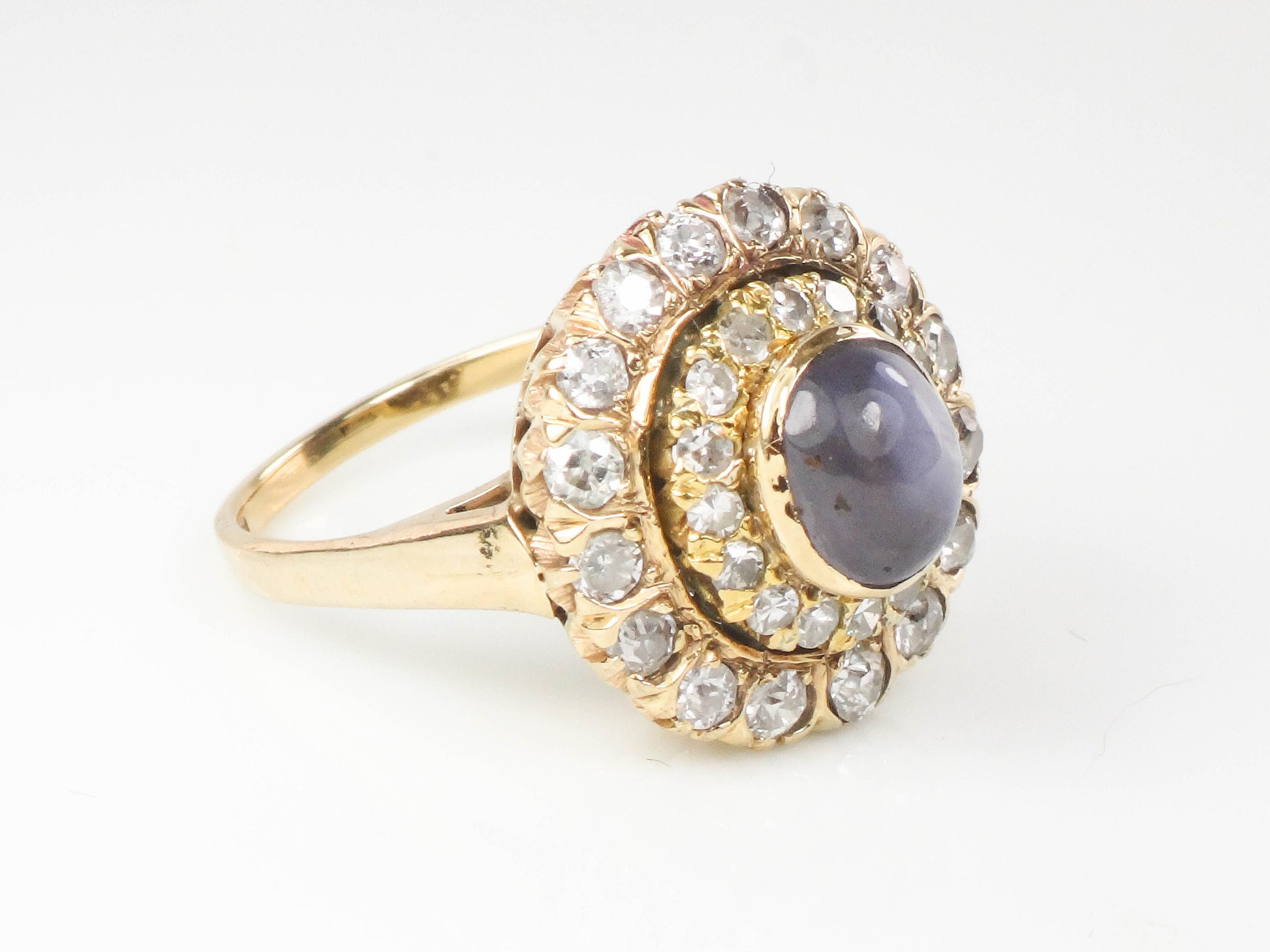 Vintage 14k Yellow Gold Natural Blue Star Sapphire and Diamond Halo Ring Size 7