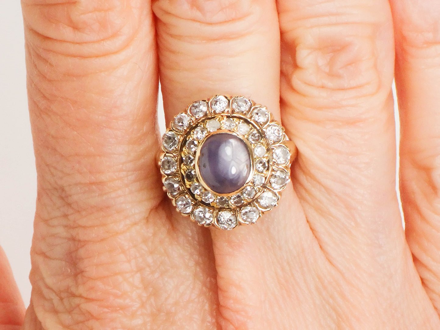 Vintage 14k Yellow Gold Natural Blue Star Sapphire and Diamond Halo Ring Size 7