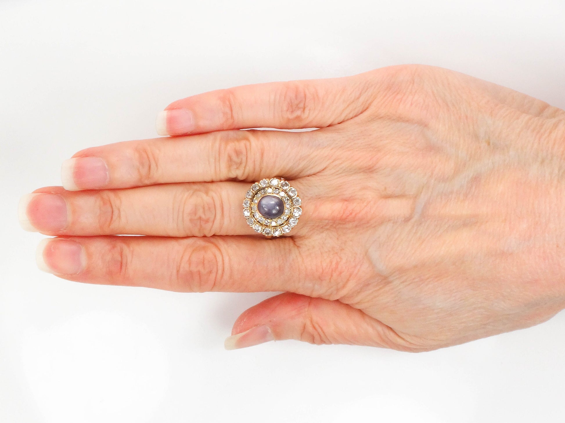 Vintage 14k Yellow Gold Natural Blue Star Sapphire and Diamond Halo Ring Size 7