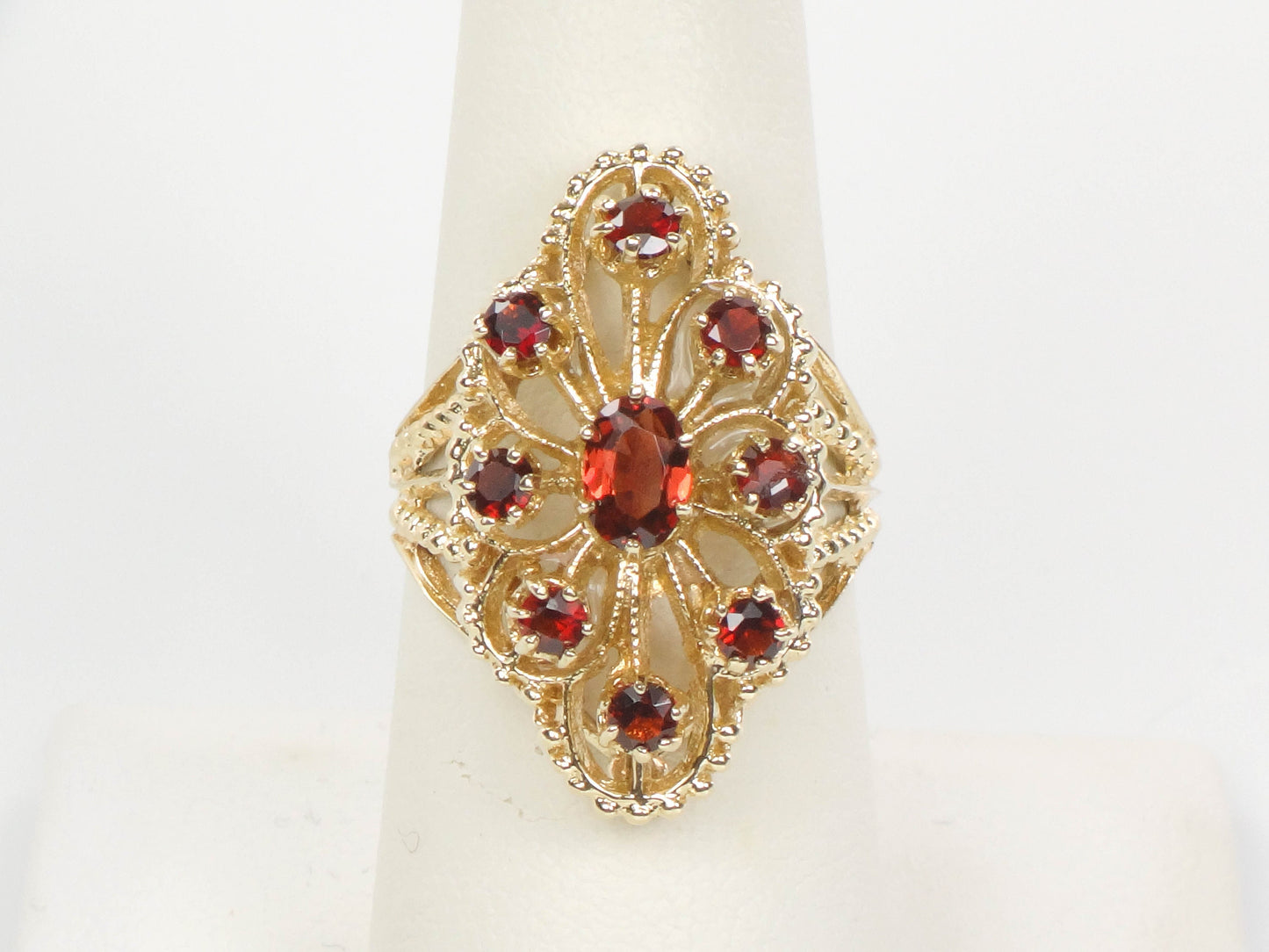 Vintage 14k Yellow Gold Large Garnet Cluster Ring - January Red Birthstone Ring - Size 7.25