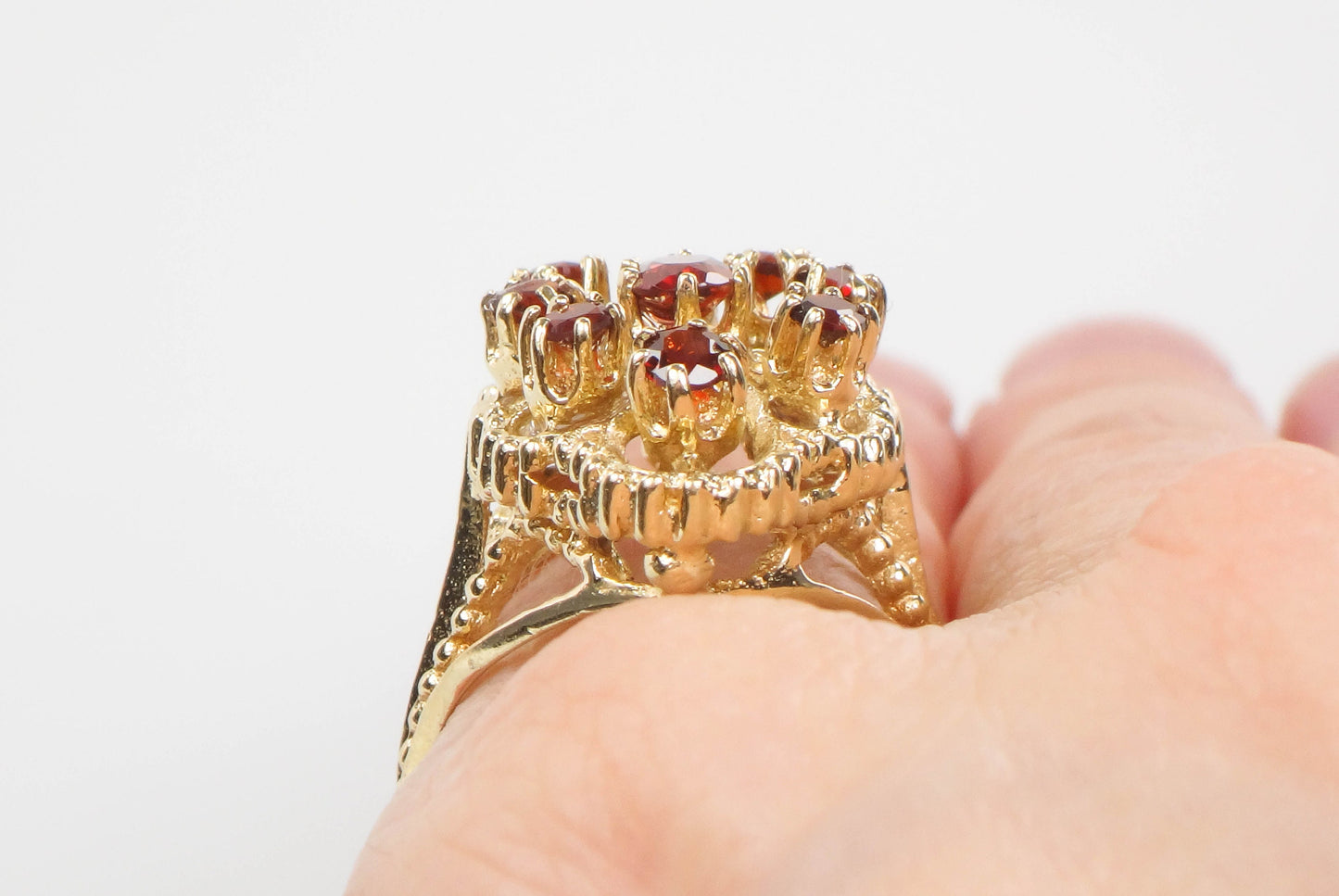 Vintage 14k Yellow Gold Large Garnet Cluster Ring - January Red Birthstone Ring - Size 7.25