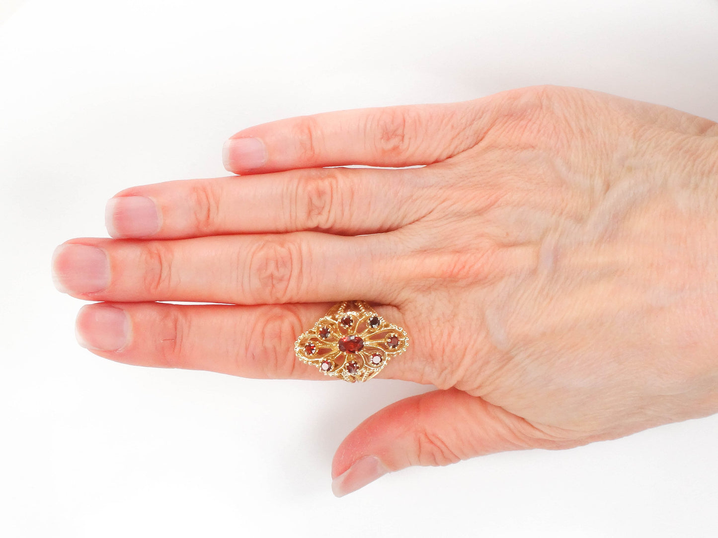 Vintage 14k Yellow Gold Large Garnet Cluster Ring - January Red Birthstone Ring - Size 7.25