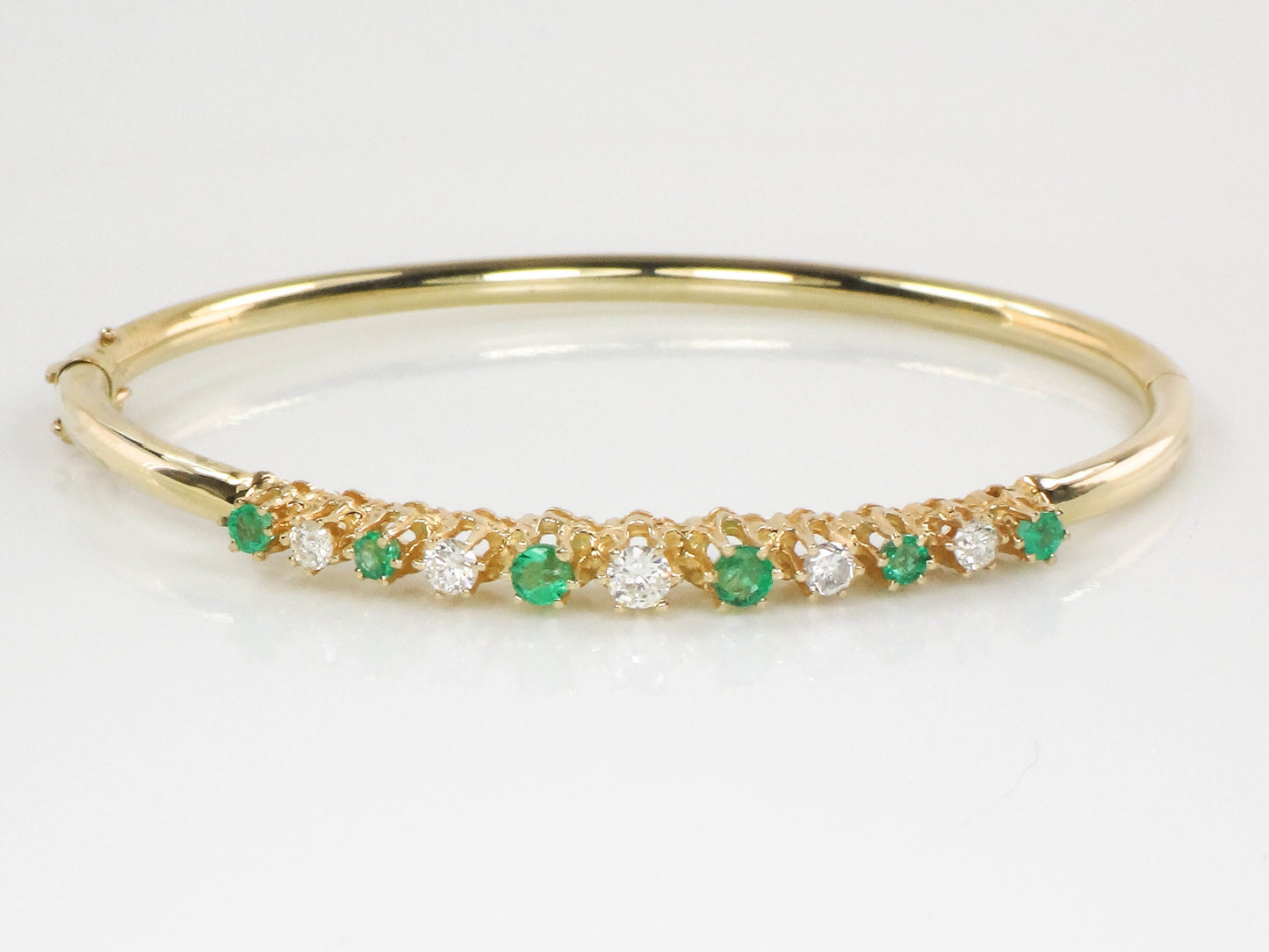 Vintage 14k Yellow Gold Natural Emerald and Diamond Bangle Bracelet - Bridal Bracelet - Small Size 6.75"