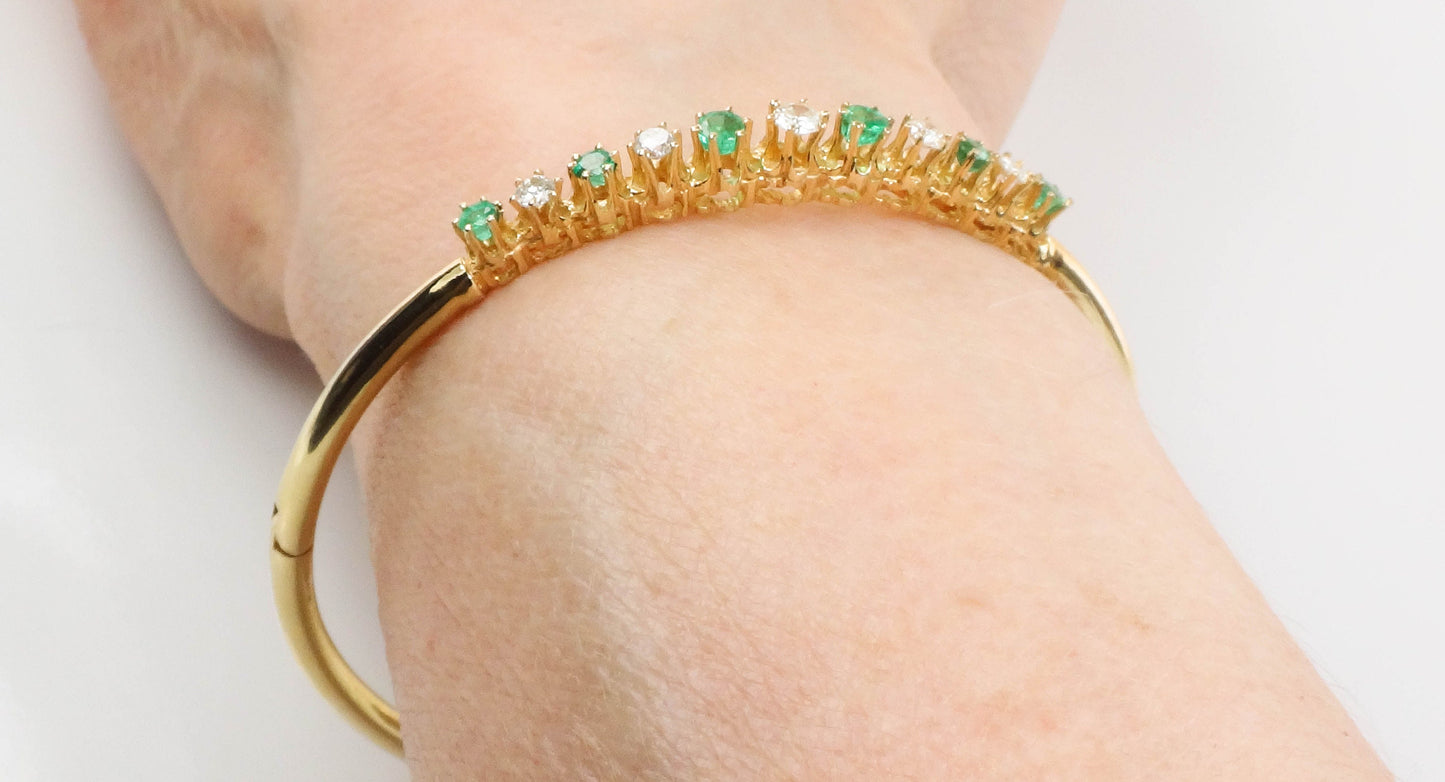 Vintage 14k Yellow Gold Emerald Diamond Bangle Bracelet - 6.75"
