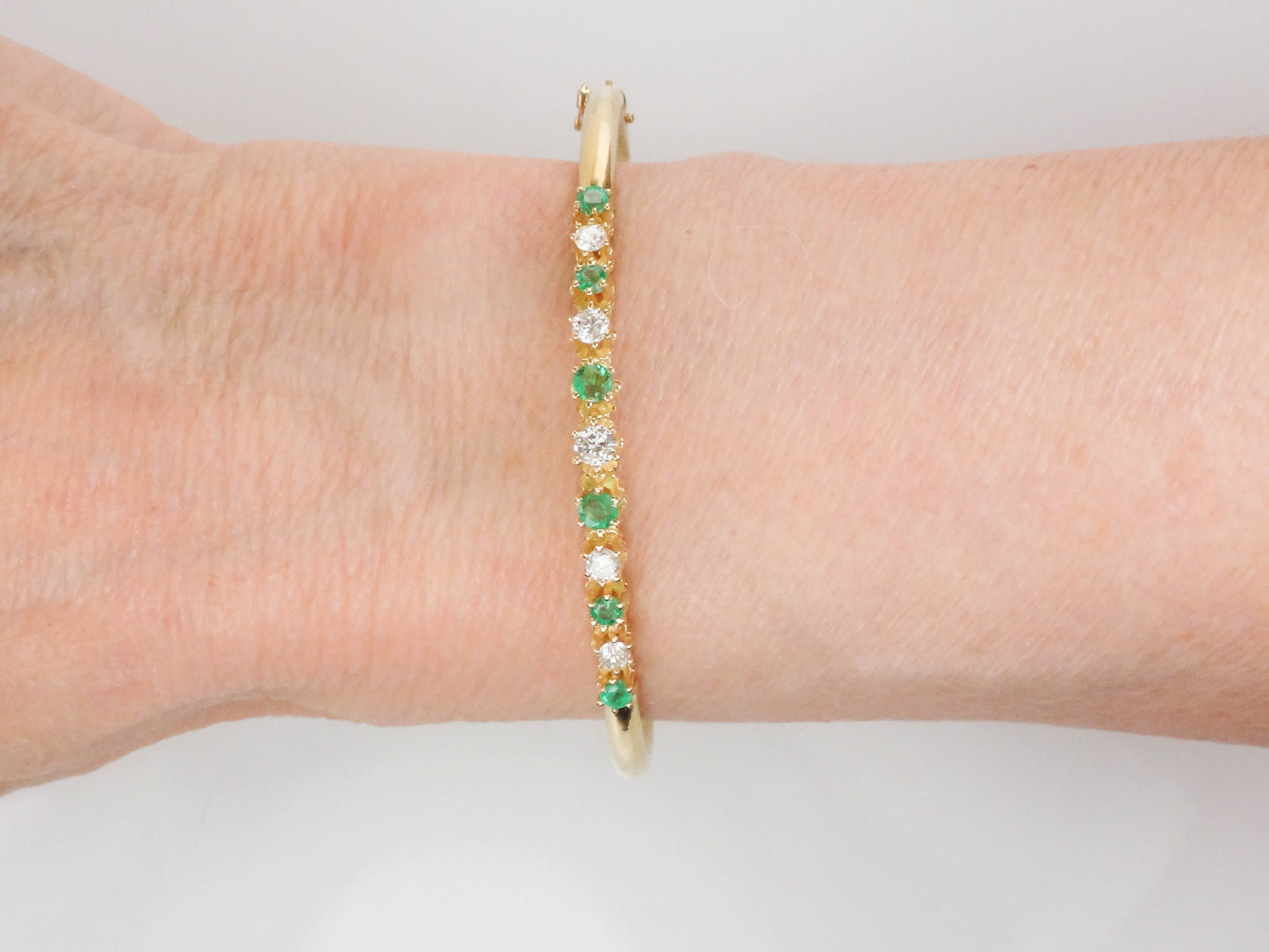 Vintage 14k Yellow Gold Natural Emerald and Diamond Bangle Bracelet - Bridal Bracelet - Small Size 6.75"
