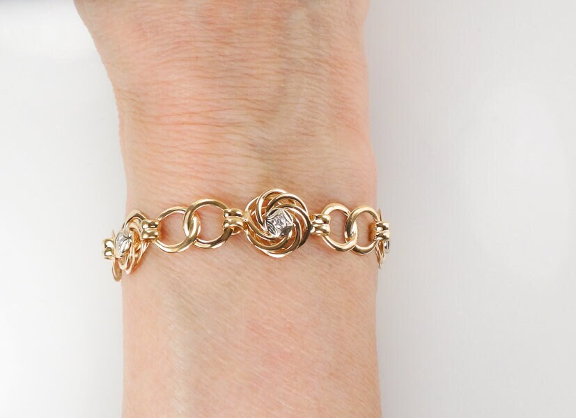 Vintage Retro 14k Yellow Gold Diamond Fancy Circle Link Bracelet 7.75"