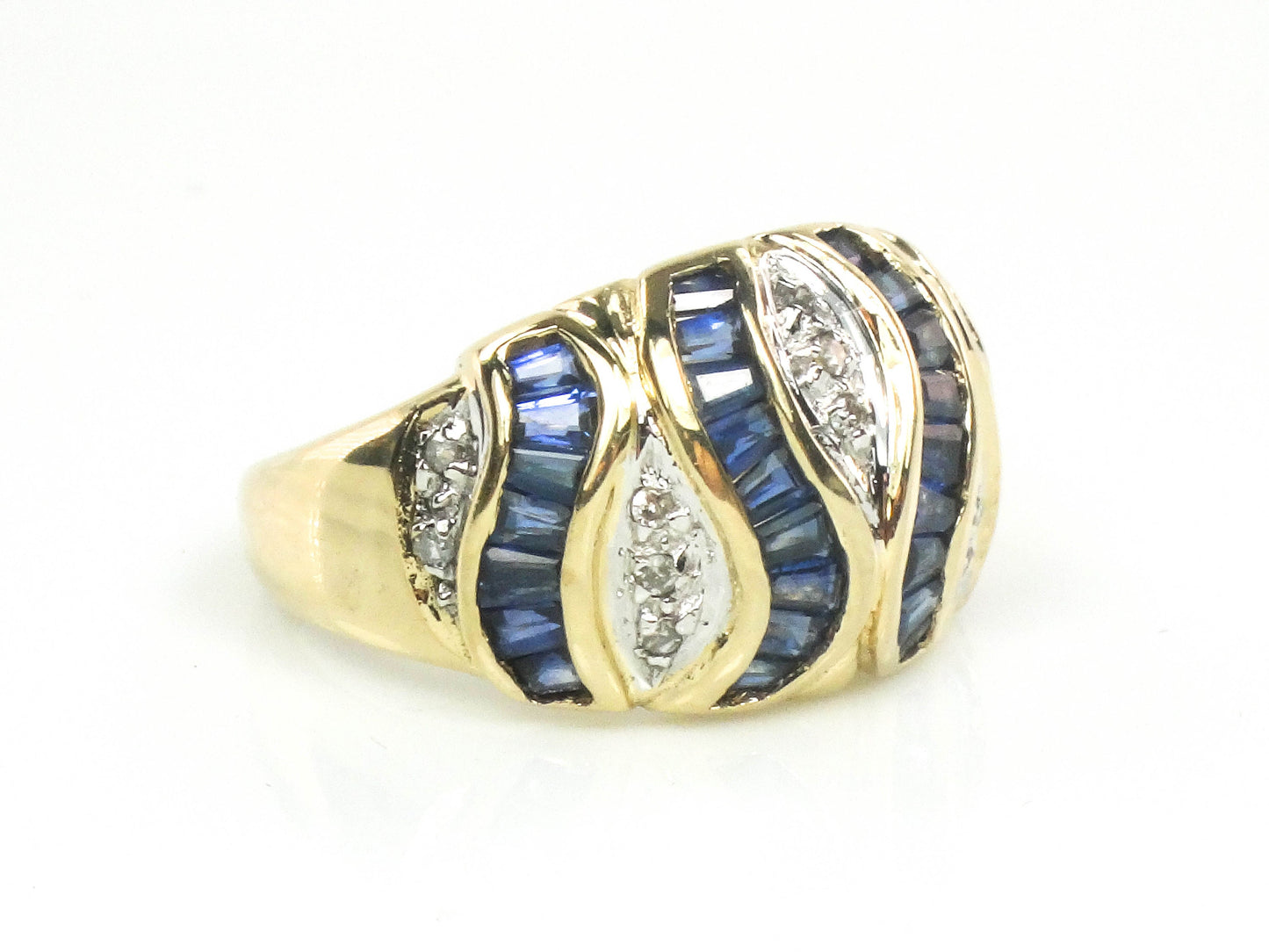 Vintage 14k Yellow Gold Natural Blue Sapphire & Diamond Ring September Birthstone Ribbon Style Ring Size 6.5