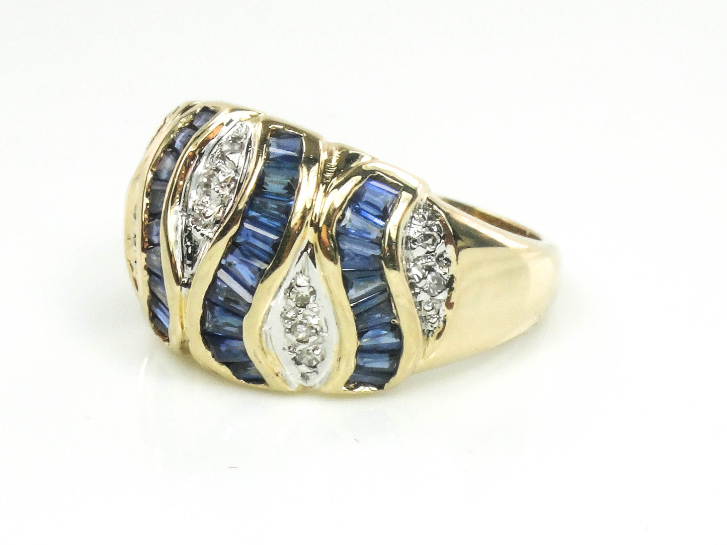 Vintage 14k Yellow Gold Natural Blue Sapphire & Diamond Ring September Birthstone Ribbon Style Ring Size 6.5