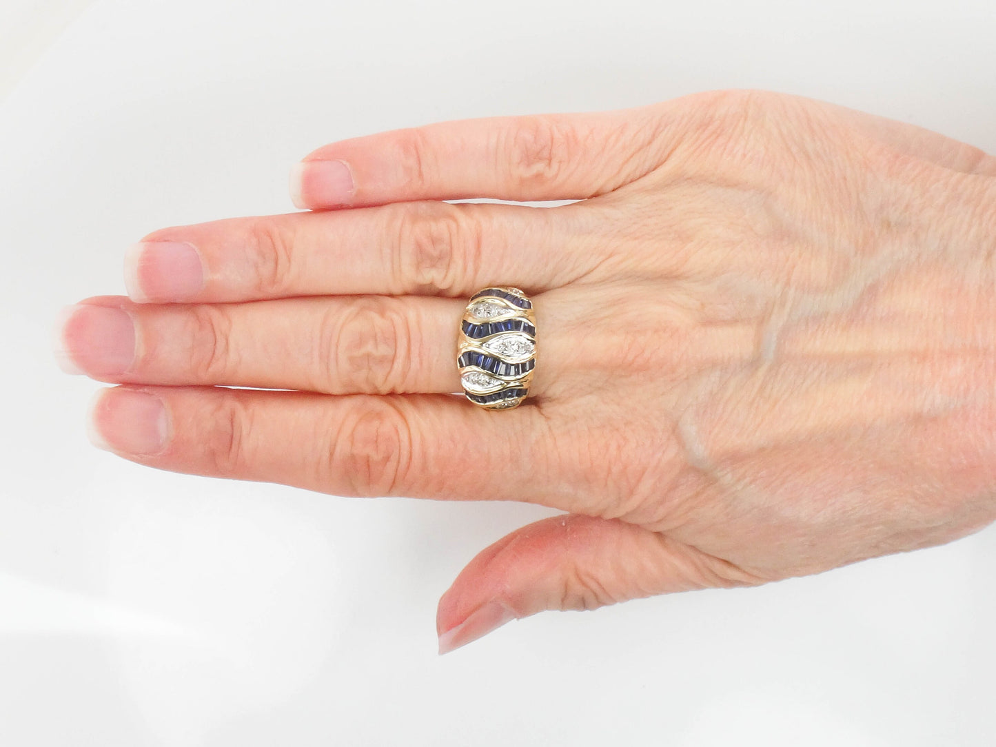Vintage 14k Yellow Gold Natural Blue Sapphire & Diamond Ring September Birthstone Ribbon Style Ring Size 6.5