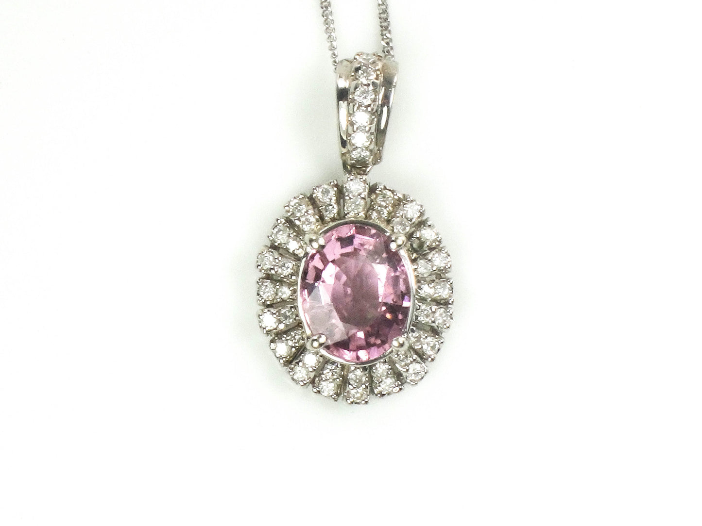 Vintage 14k White Gold Diamond and Pink Tourmaline Pendant Necklace 18"