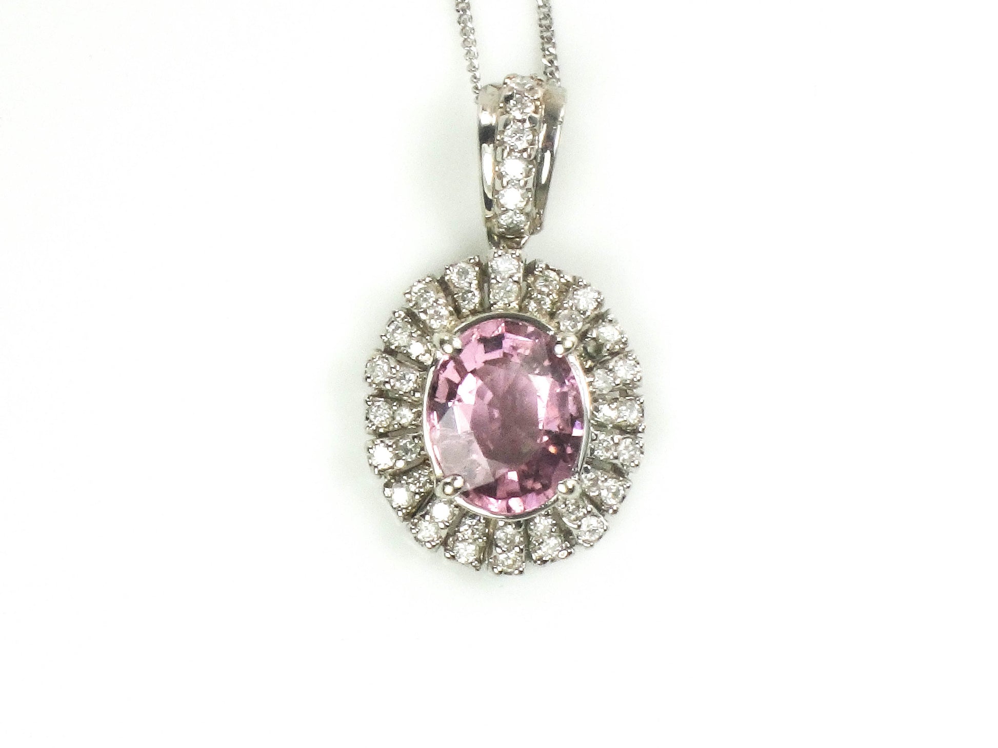 Vintage 14k White Gold Diamond and Pink Tourmaline Pendant Necklace 18"