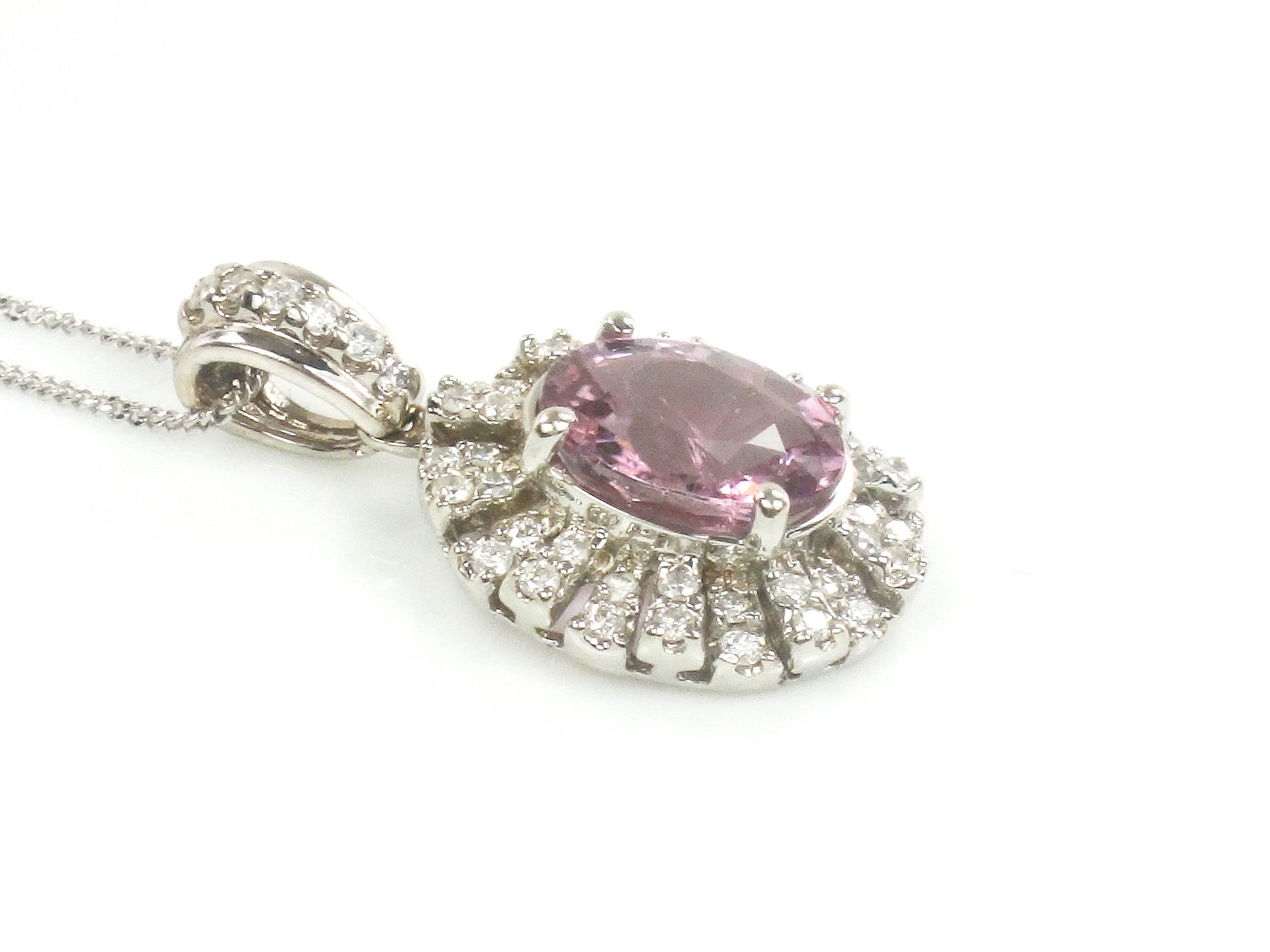 Vintage 14k White Gold Diamond and Pink Tourmaline Pendant Necklace 18"