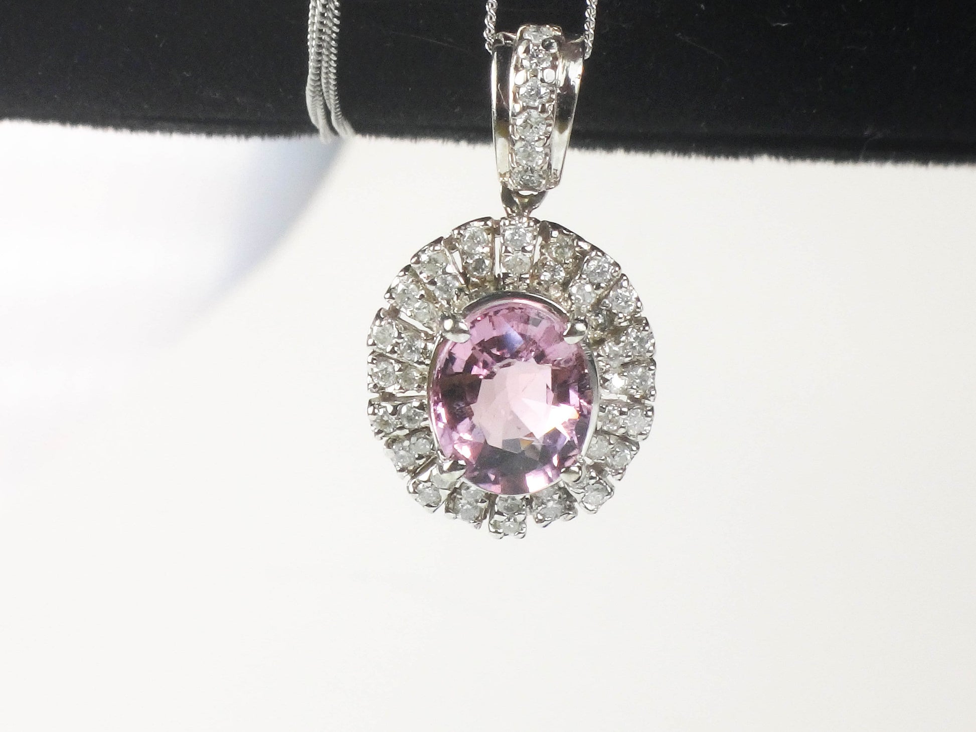 Vintage 14k White Gold Diamond and Pink Tourmaline Pendant Necklace 18"