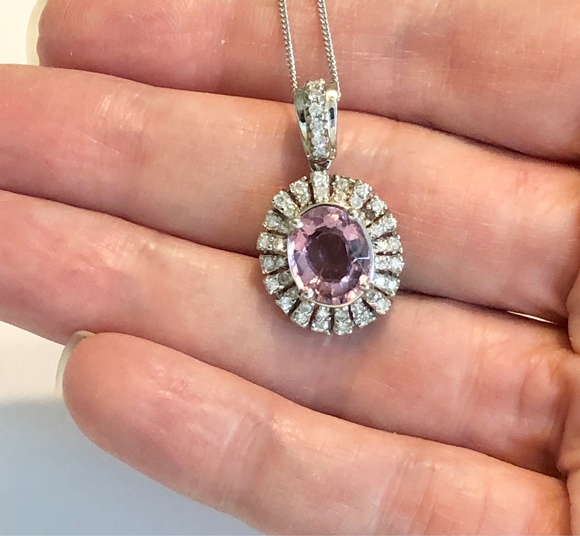 Vintage 14k White Gold Diamond and Pink Tourmaline Pendant Necklace 18"