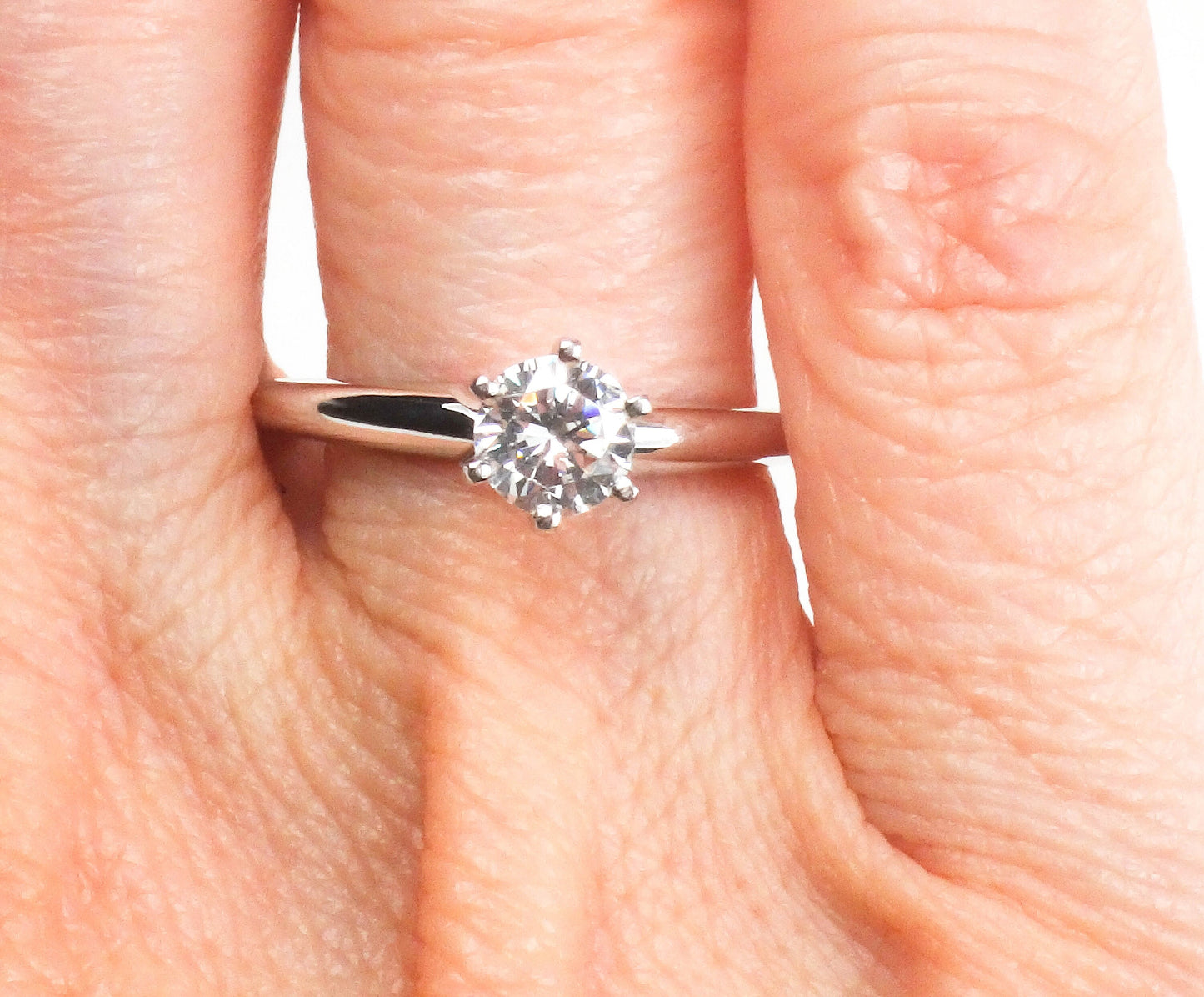 Vintage 14k White Gold Engagement Ring with Round Cubic Zirconia Center, Solitaire Ring, Size 6